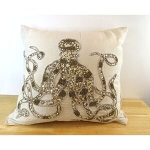 COASTAL COLLECTION Silver Beaded Sequin Octopus Off White Pillow Zipper EUC